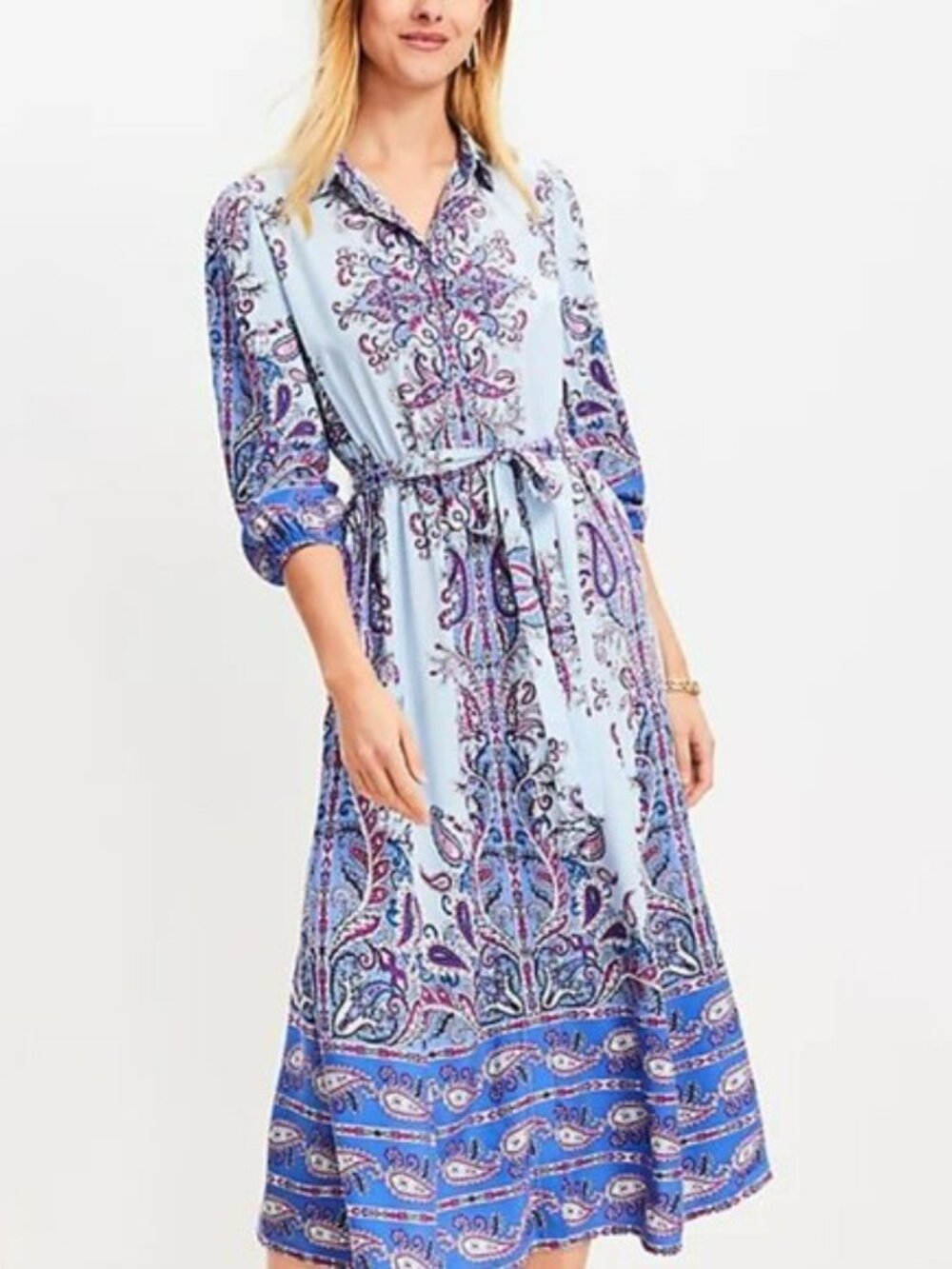 LOFT Paisley Midi Button Down Dress (Size: M)